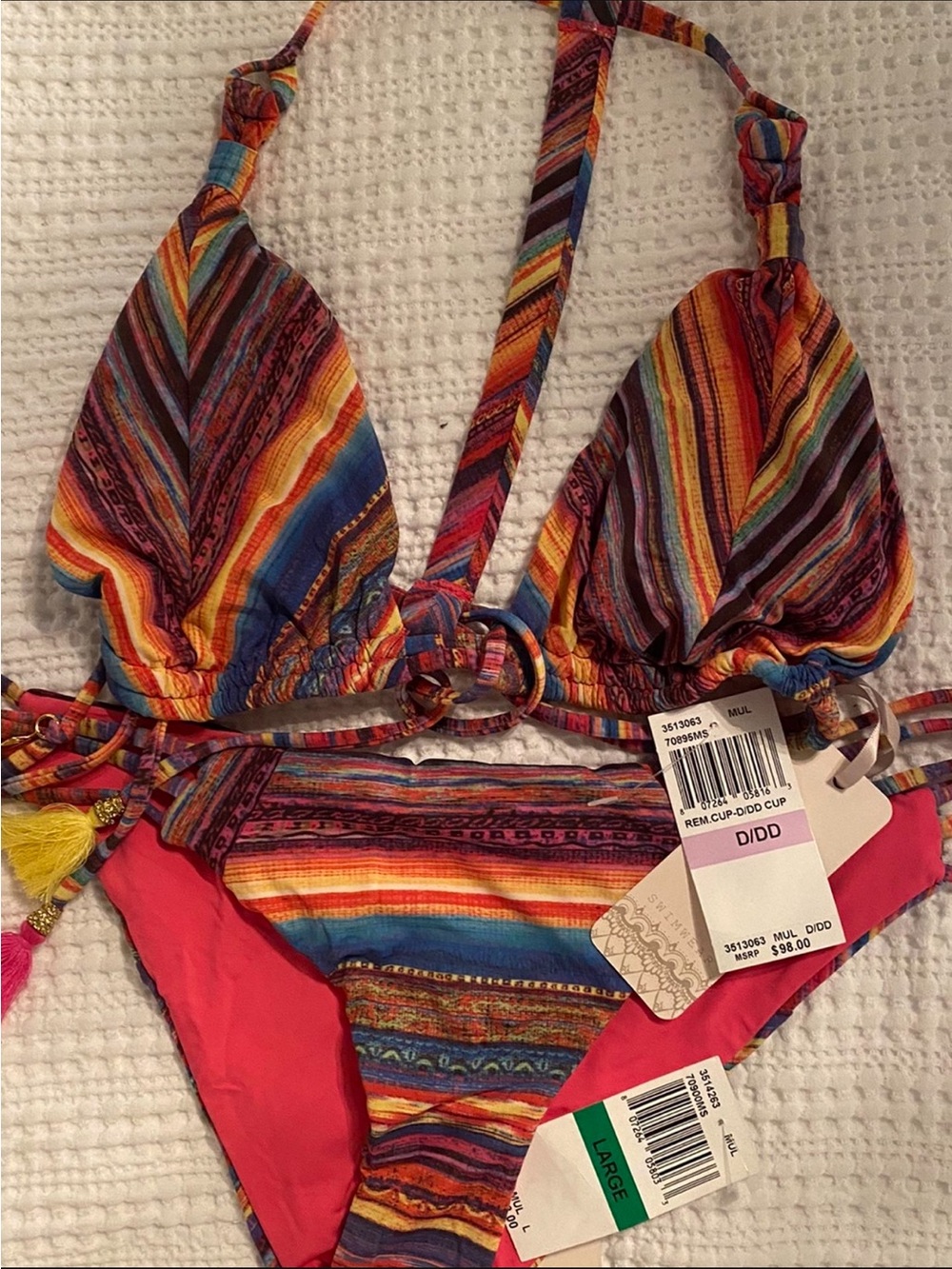 Striped Multicolor Triangle Bikini Top and Bottom - Pink Lining